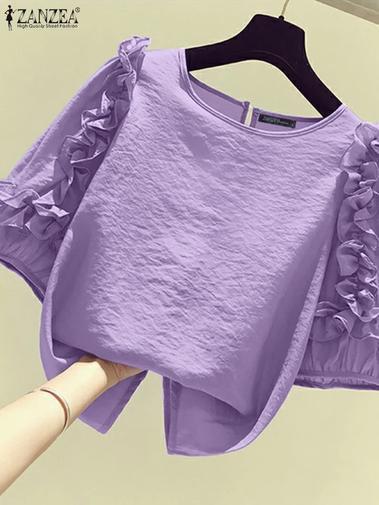 

ZANZEA 2025 Summer Women Ruffled Blouse 3/4 Lantern Sleeve Tops Shirt Korean Fashion Round Neck Tunics Casual Loose Blusas Femme