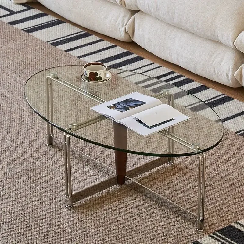 Light Luxury Oval Coffee Table Household Living Room Metal Tempered Glass Tea Tables Minimalist Leisure Corner Tables