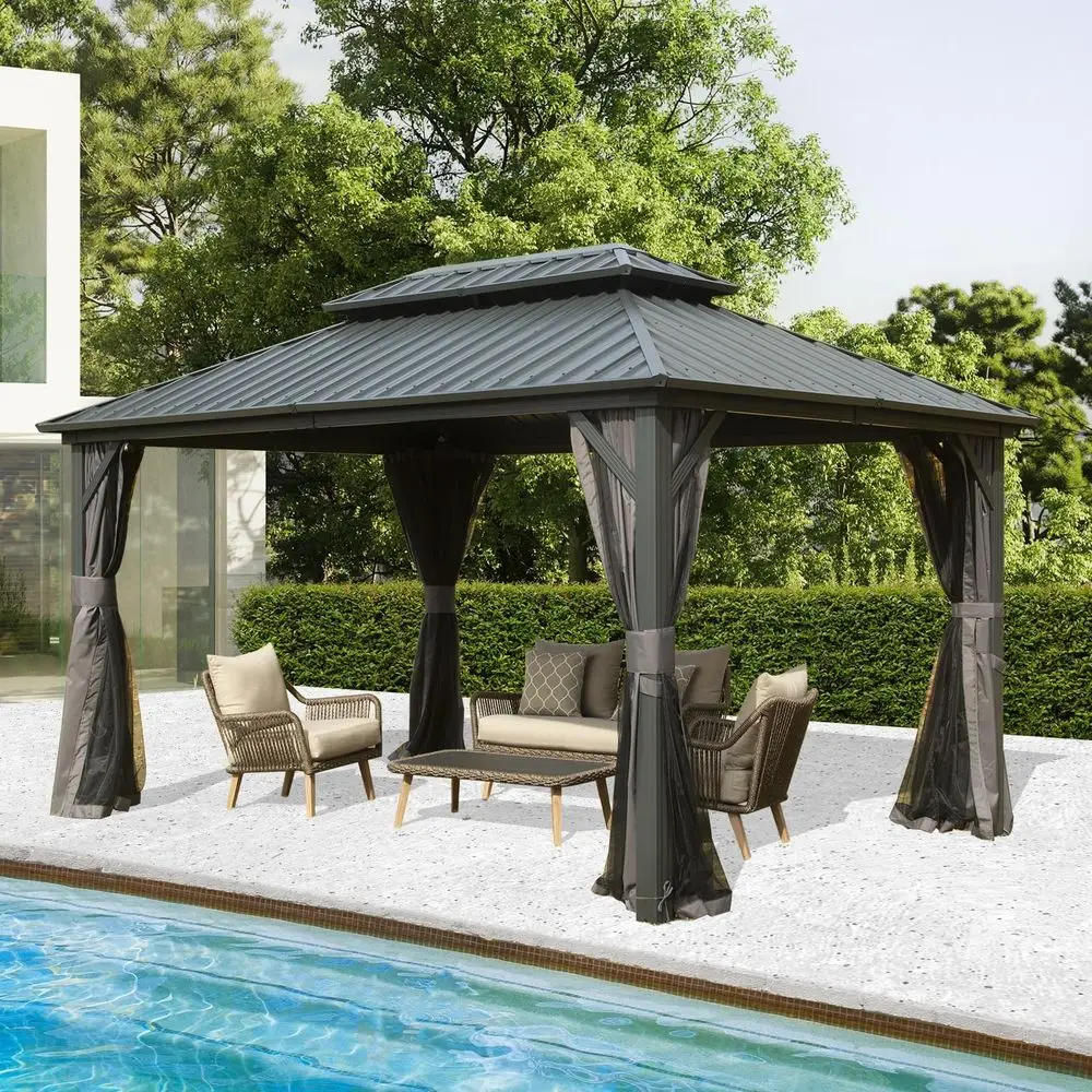 

Domi Hardtop Gazebos 10x14T, Metal Gazebo with Galvanized Steel Double Roo , Curtain and Netting, Permanent Gazebo Pavilion or P