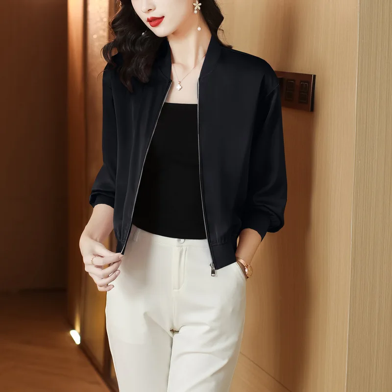 Casacos de beisebol femininos com gola justa, jaquetas bombardeiras monocromáticas, blusão com zíper, casacos curtos para senhoras, primavera e outono, 2024