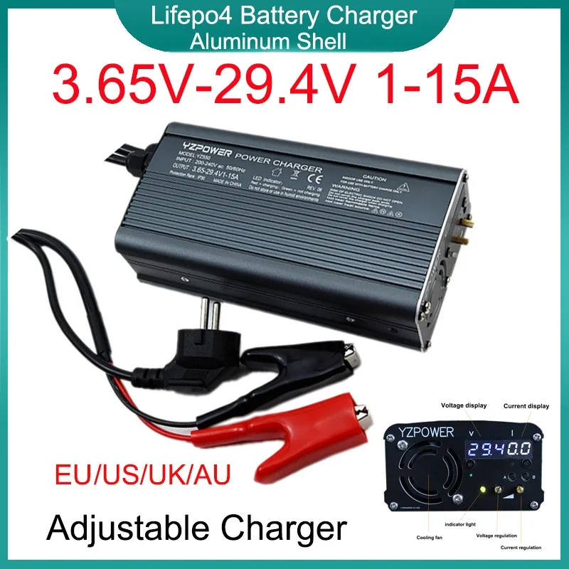 

New 3.65V-29.4V 1-15A Lifepo4 Battery Adjustable Charger Aluminum Shell LED 12V24V Power For 3.65V 14.6V 29.2V Lithium iron Cell