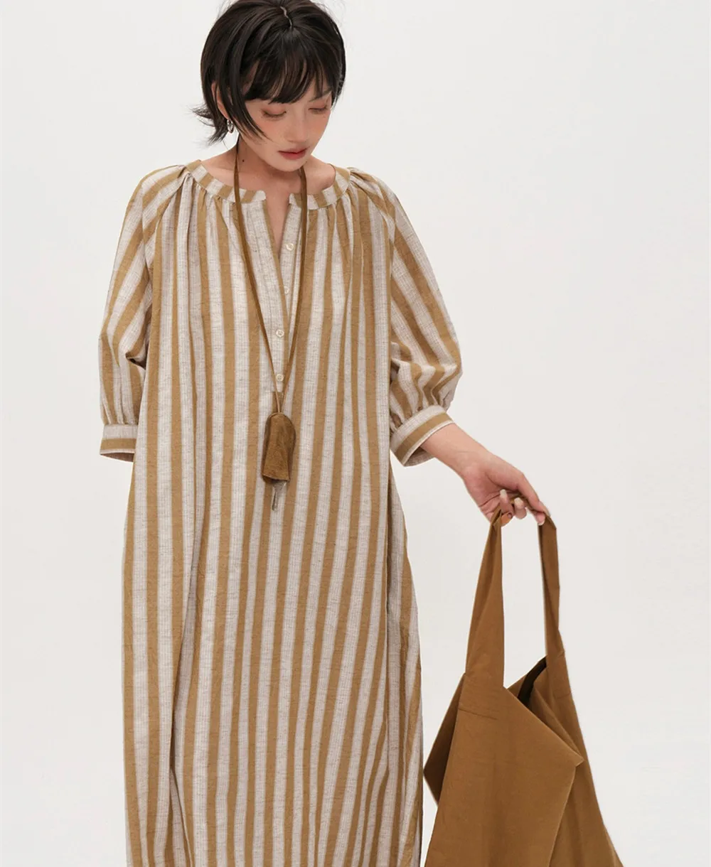 夏ゆったり着痩せ縦ストライプ半袖ワンピース万能着痩せ襟ロングワンピース