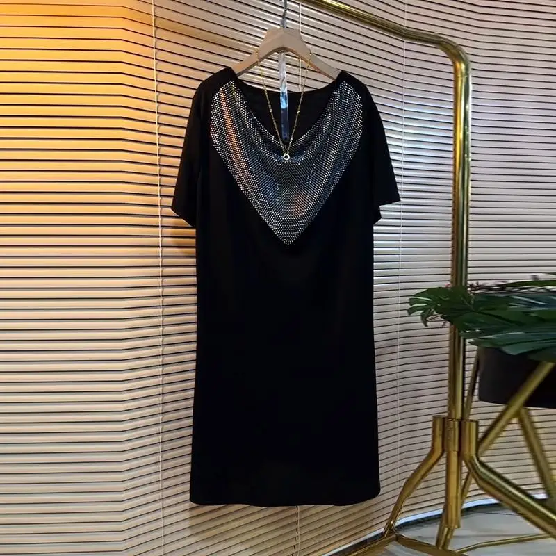 

Fashion Elegant New Summer Women's Round Neck with Diamond Inlay Simple and Versatile Short Sleeved Loose Mid Length Dress