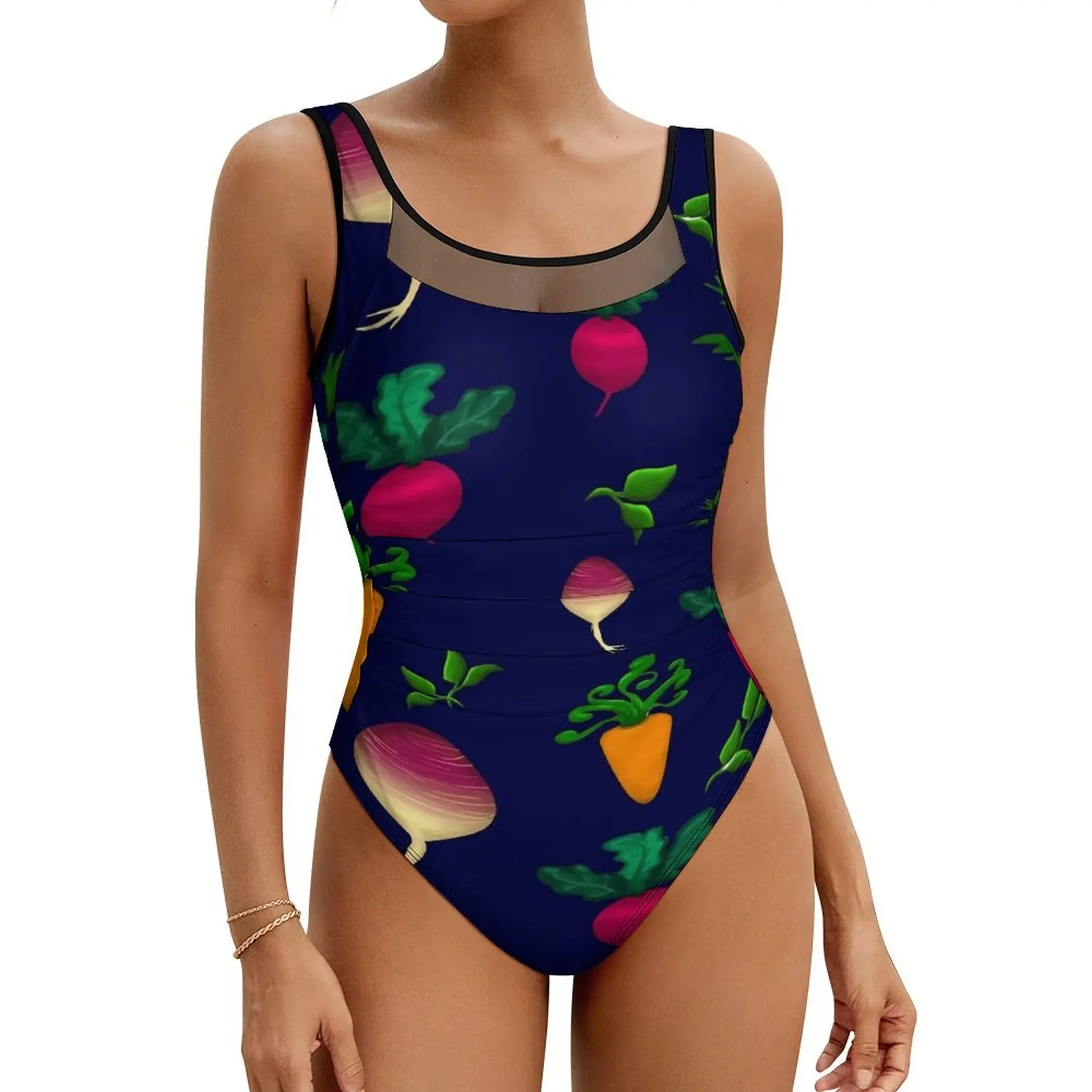 

Radishes Print Swimsuit Veggie Garden Swimwear One-Piece Holiday Swim Swimsuits Mesh Monokini Female Push Up Sexy Beach Outfits