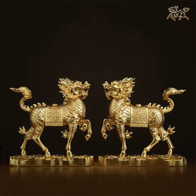 A PAIR 24K gold-plated high grade HOME GOOD LUCK Mascot Bring wealth money ROYAL Dragon QI LIN Auspicious brass Sculpture Statue