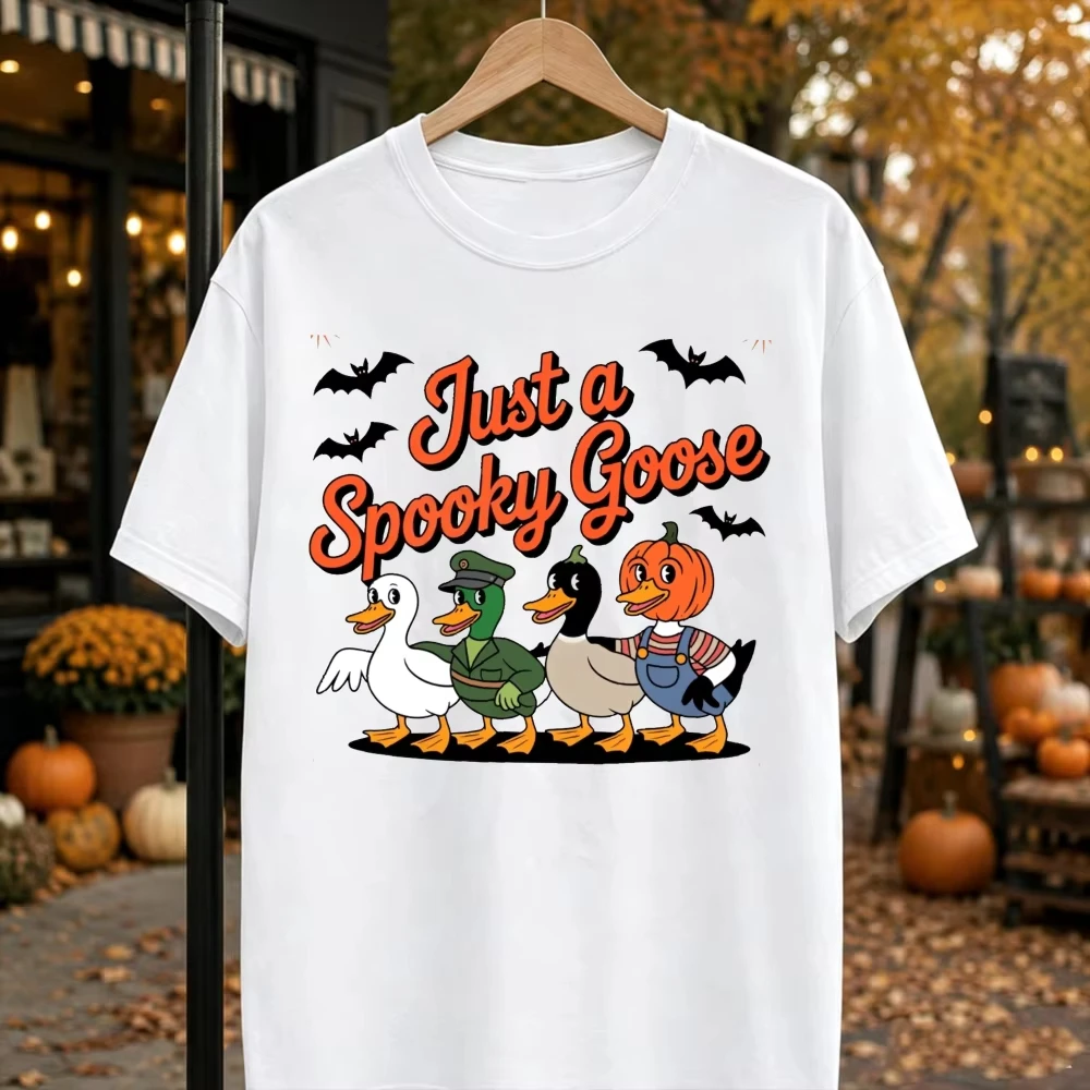 Halloween Just A Spooky Goose T-Shirt Cute Ducks Pumpkin Graphic Print Short Sleeve Loose Casual Family Party Men Women Tees
