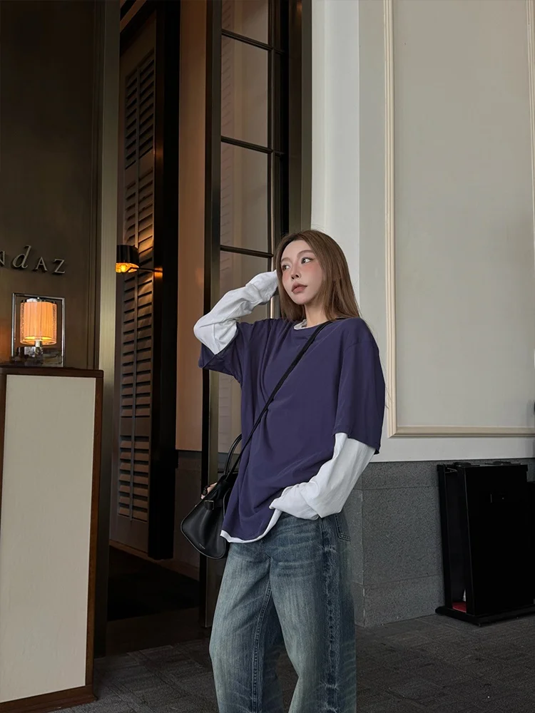 

MSKIN6 Autumn Winter Loose Fit Long Sve T-irt Women's Casual Street Sle Cotton Blend Slimming Versatile Two-Piece Look