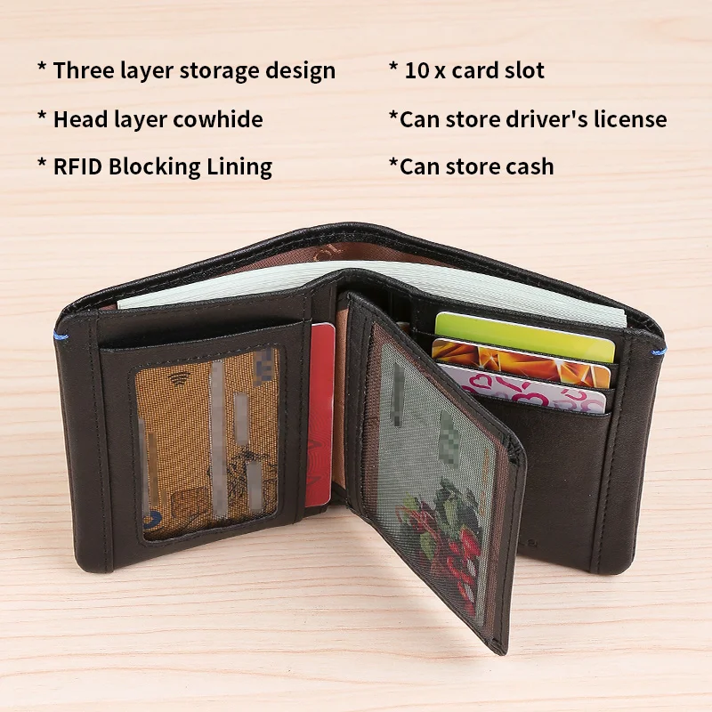 Plantaardig gelooide toplaag, korte portemonnee van echt rundleer, RFID-blokkering, kaartsleufontwerp met grote capaciteit, ID-kaart, spiegelvenster binnenin