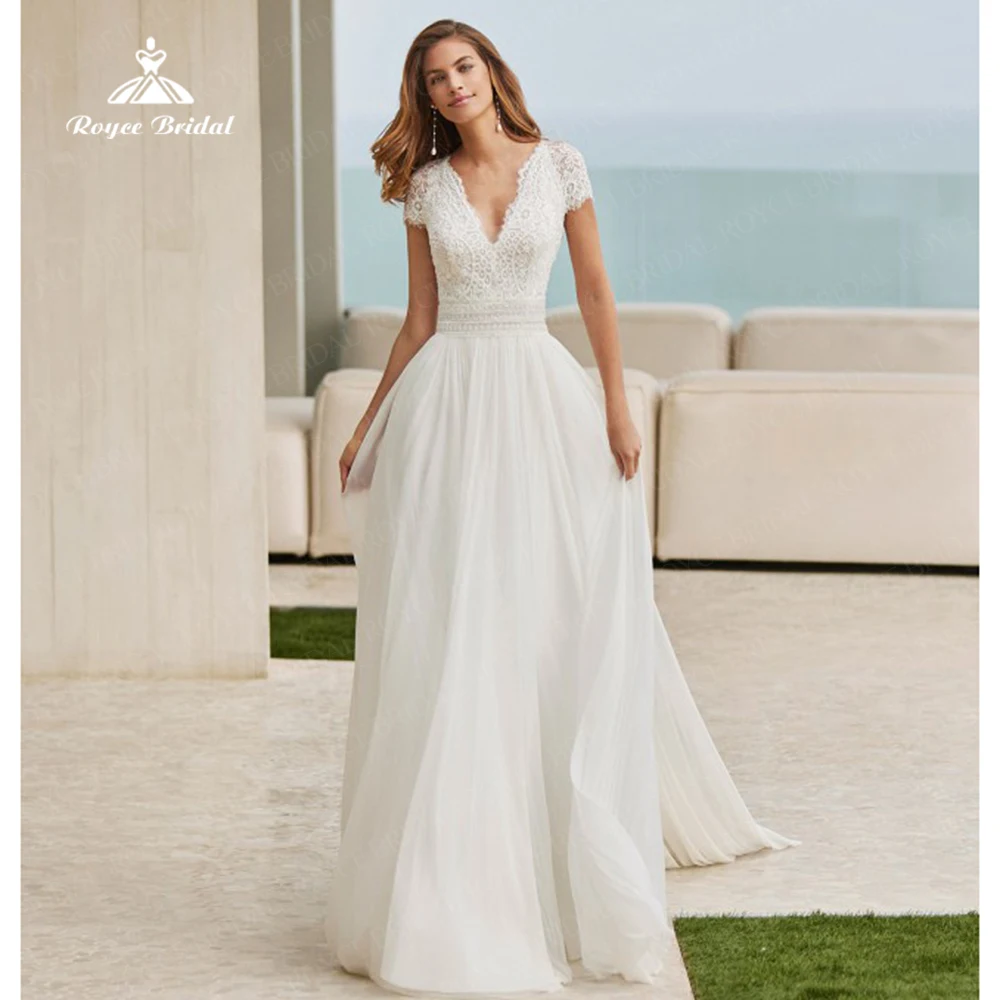 Roycebridal abiti da sposa per le donne Cap Sleeve scollo a V pizzo Boho abiti da sposa per le donne Illusion Sexy New Mariage abiti da sposa