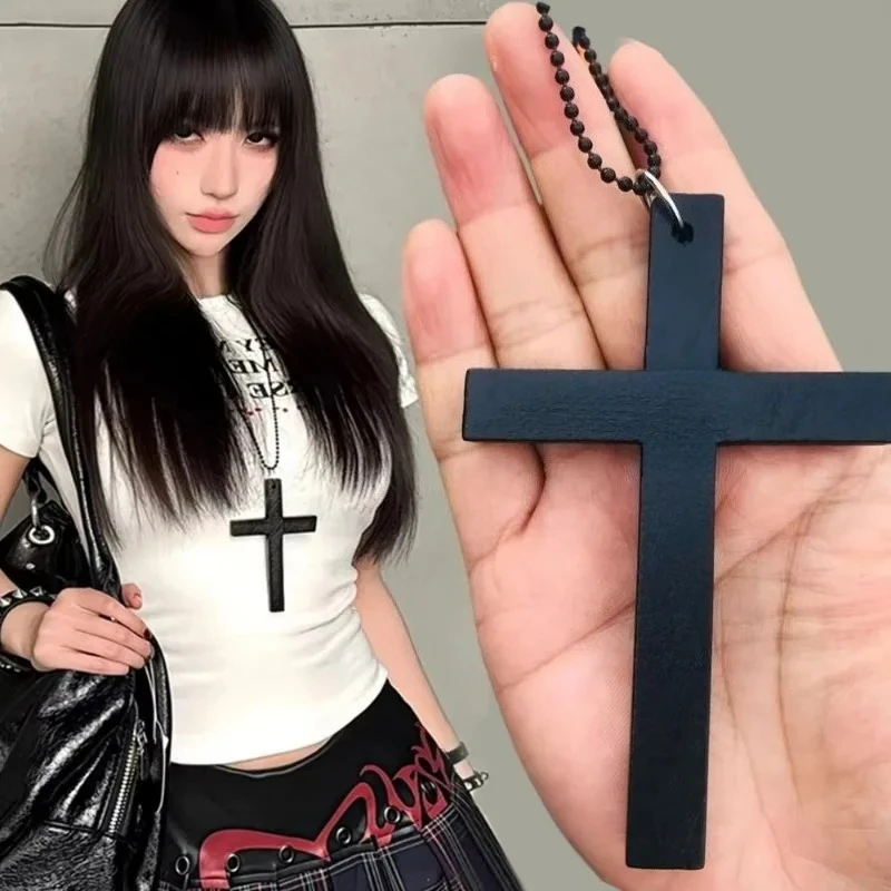 New Cool Punk Gothic Wood Cross Pendant Necklace for Women Men Vintage Black White Hip Hop Spicy Girls Accessories Y2k Necklace