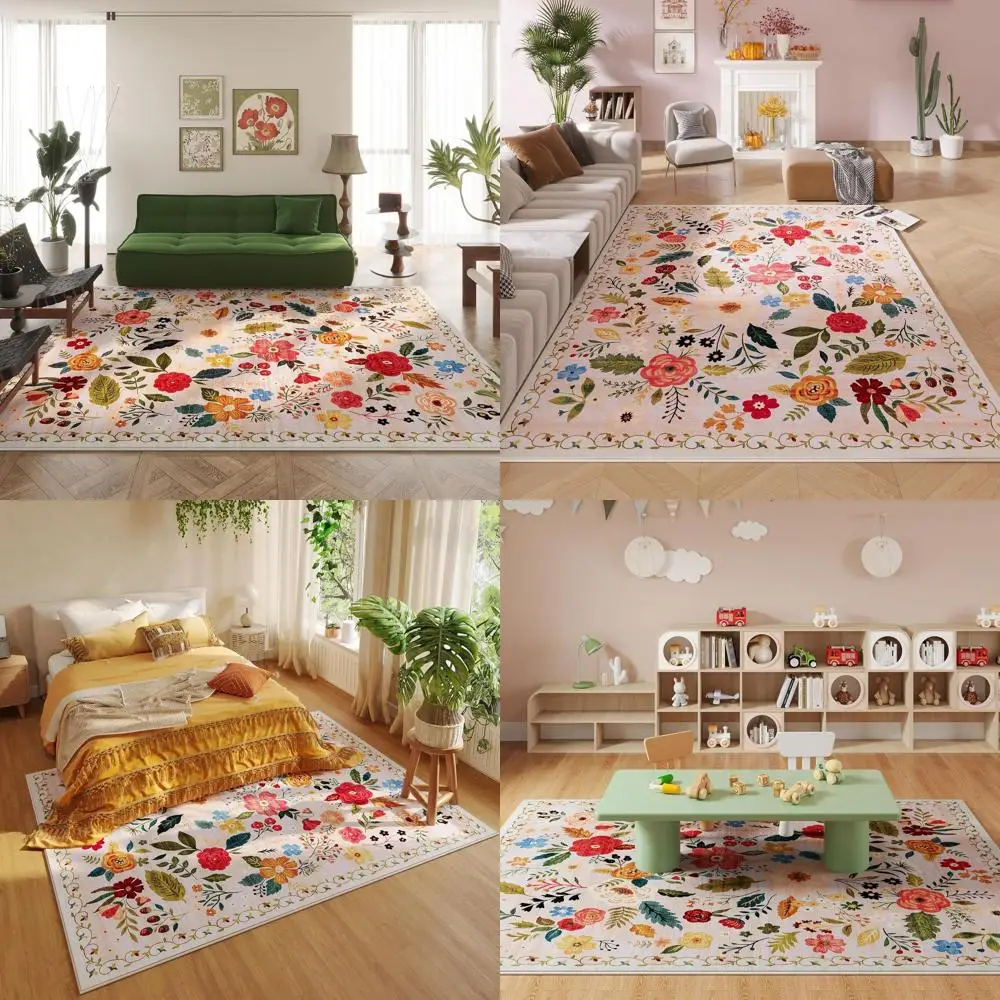 

6x9 Boho Floral Area Rug - Machine Washable, Non-Slip, Vintage Style for Living Spaces, Bedrooms, and Playrooms (Beige)