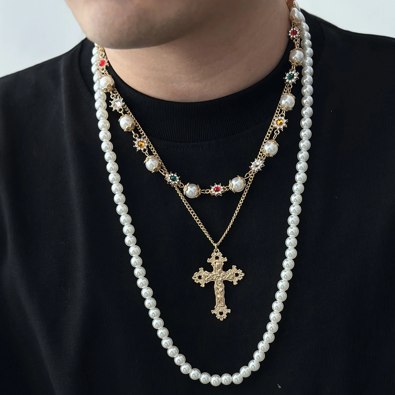 

IngeSight.Z Vintage Gold Color Jesus Cross Pendant Necklace Men Creative Rhinestone Flower Imitation Pearl Chain Choker Jewely