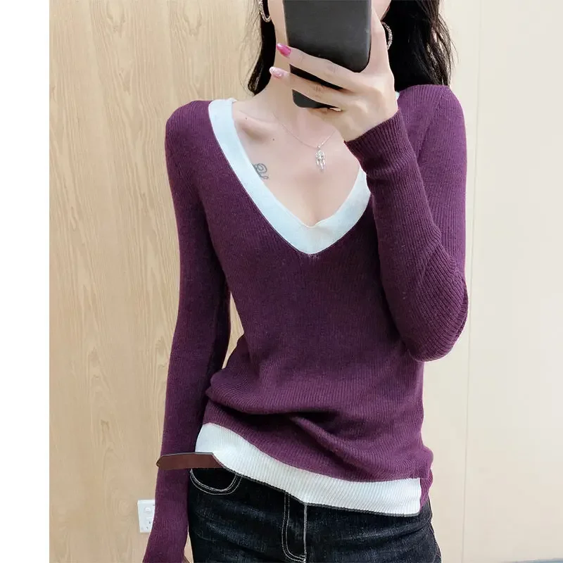

Women's Pullover Long-sleeved Sweater, New Korean Fashion Fake Two-piece Set V-neck Knitted Bottoming Shirt, Winter Knitted