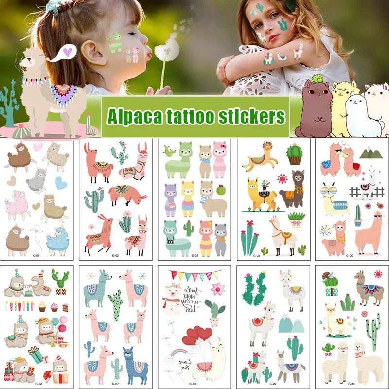 10 Pack Fake Tattoo Stickers Cartoon Temporary Tattoos Kids Arm Tattoos Kids Alpaca Cute Animal Fun Party Tattoo Stickers