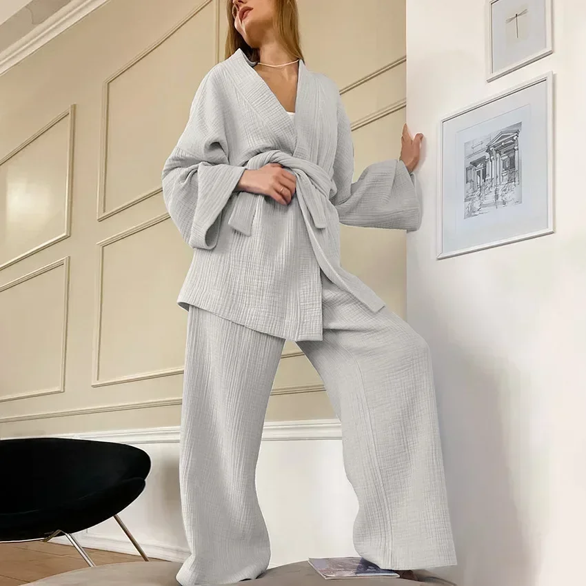 Kimono Pajamas 2023 New 100% Cotton Crepe Long-Sleeved Trousers Ladies Sleepwear Suit Women\'s Home Service Mujer