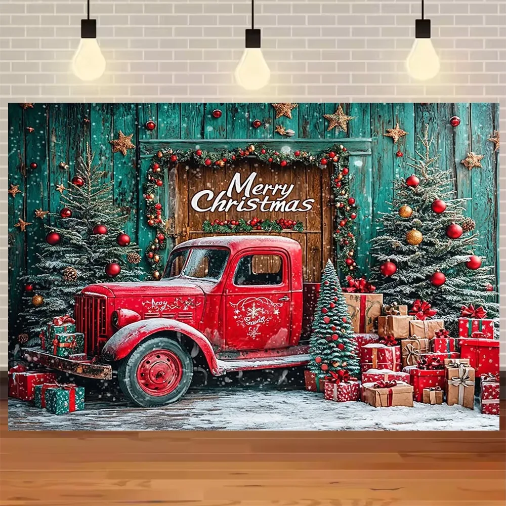 

Christmas Party Backdrop Decor Red Truck Winter Snow Xmas Tree Gifts Kids Family Portrait Photography Background Photo Studio