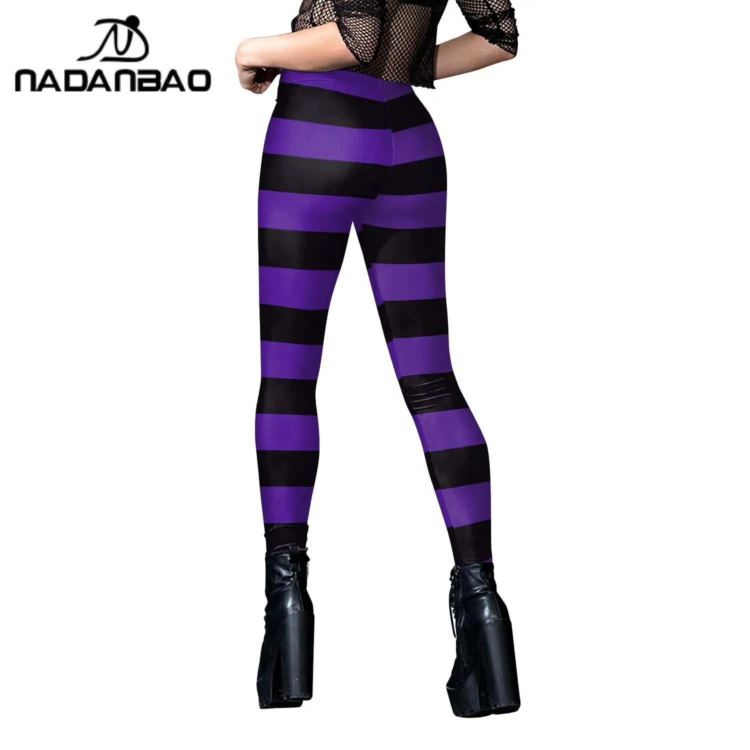 Nadanbao Halloween Women's Leggings, Black Purple Striped Digital Printed Clown Cosplay Tight Fitting Sports Leggings Yoga Pants