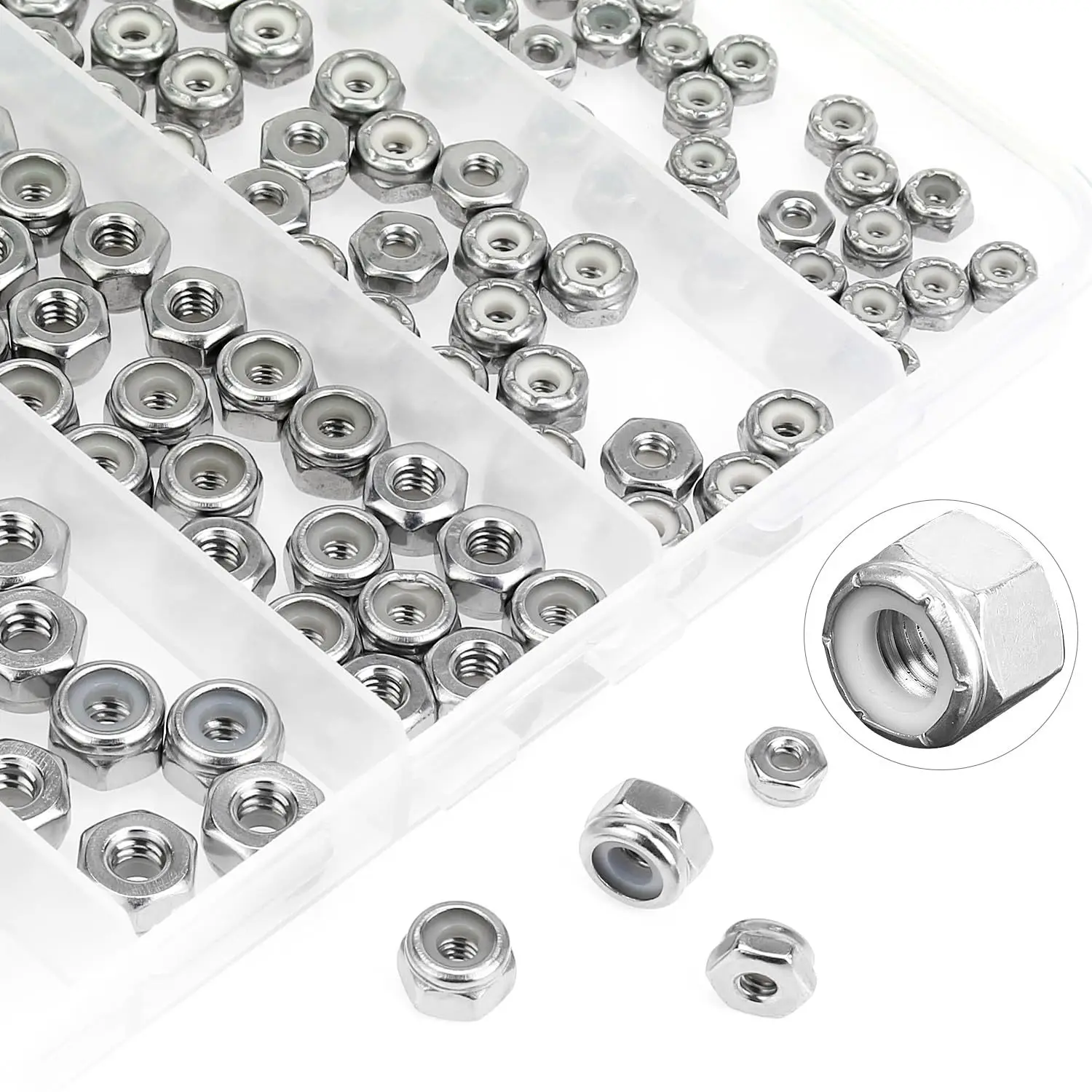 126PCS Nylon Insert Lock Nuts 5 Sizes 304 Stainless Steel Hex Lock Nuts Assortment Kit