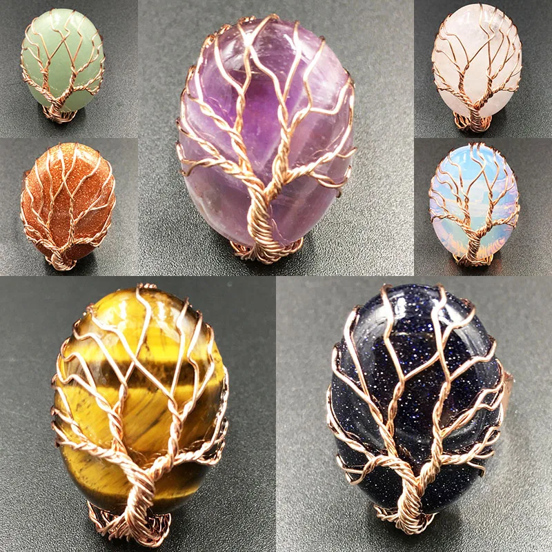 شجرة الحياة الأزرق الرمال أوبال غولدستون افينتورين كريستال عين النمور النساء الرجال الفن مستطيل حبة الدائري 7 ~ 12 "ضبط حجم PWB703