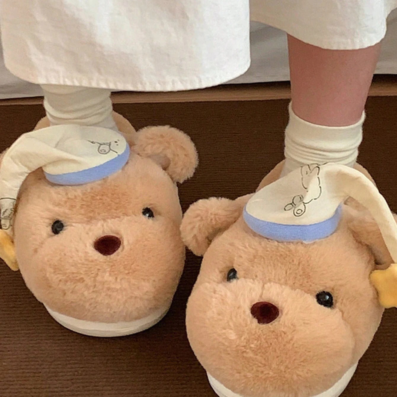 Women House Fur Slippers Casual Cute 3D-shaped Sleeping Cap Bear Design Khaki Winter Indoor Non-slip Warm Soft Soles Comfy Home