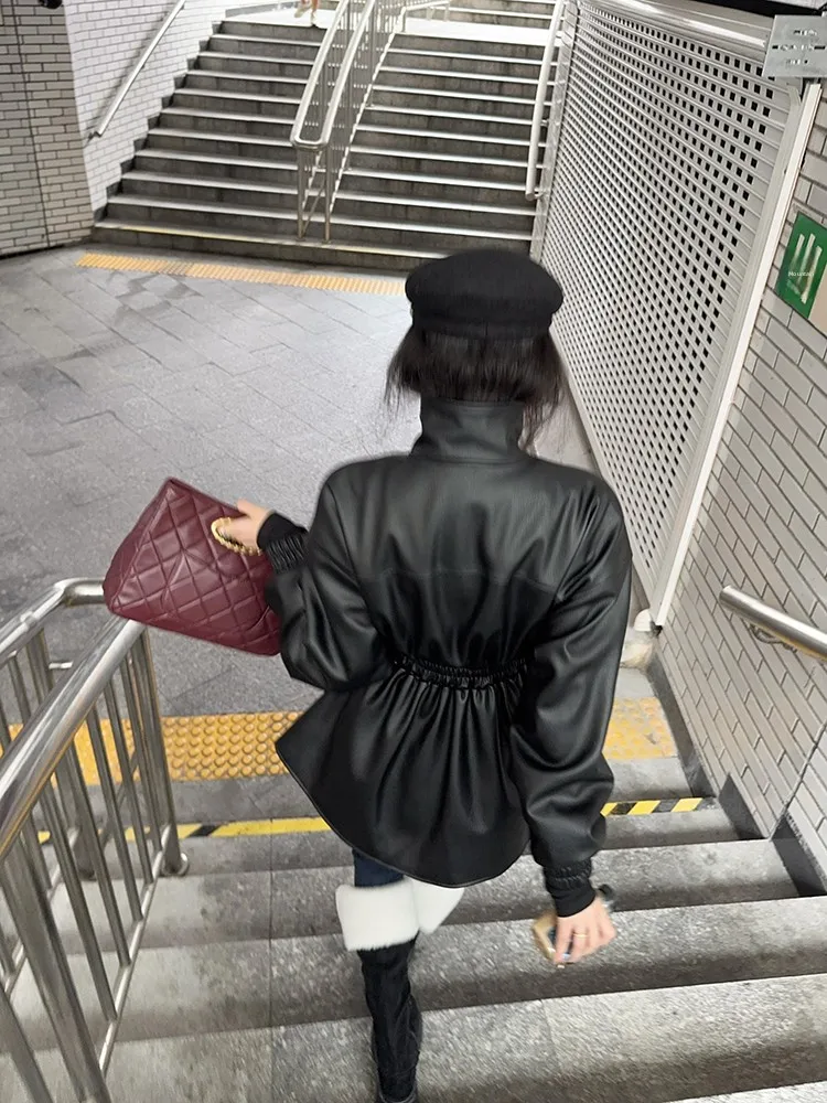 Cool Sle Thiened Winter Leren Jaet Dames Lange Sve Jas Opstaande Kraag Taille Naar binnen Winddicht Warm Bont Binnenkant