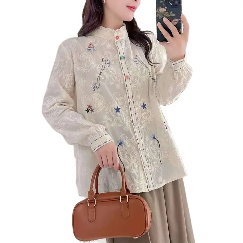 New Summer Cotton Long Sleeve Shirt, Women Stand Embroidery Ruffles Tops, Mori Girl Casual Loose Sweet Blouse, Autumn T48303QC