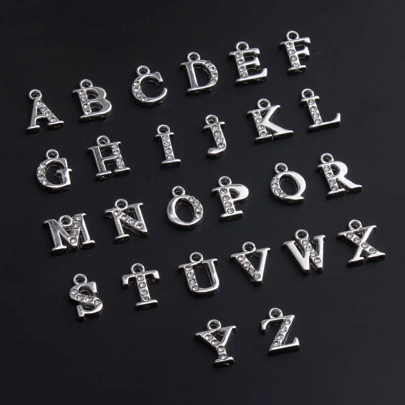 26pcs A-Z English Letters Diy Jewelry Accessories Rhinestones White K Alloy Necklace Bracelet Pendant Material Charms