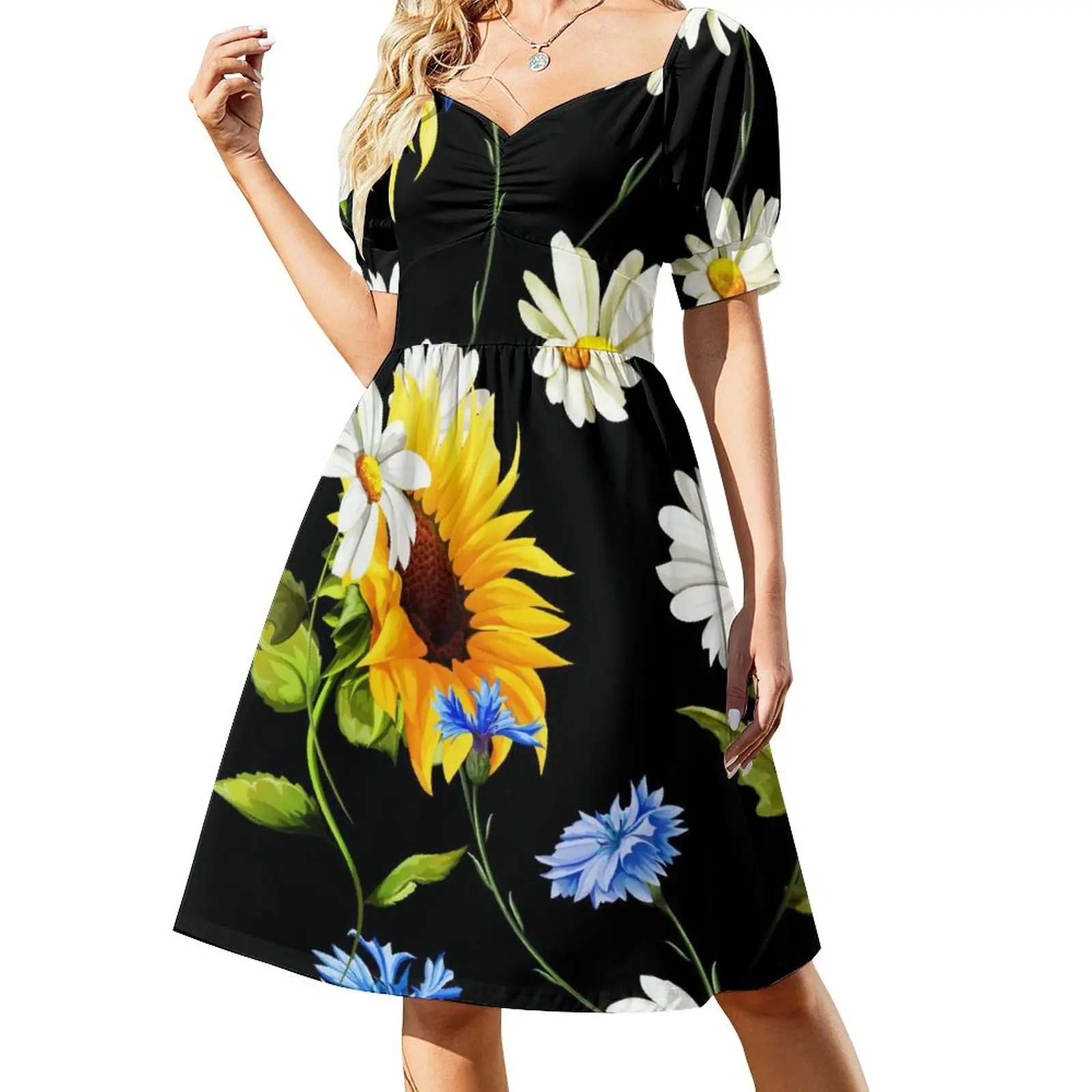 Yellow Sunflower Dress Sexy V Neck White Blue Flowers Print Vintage Dresses Summer Women Graphic Oversize Aesthetic Casual Dress