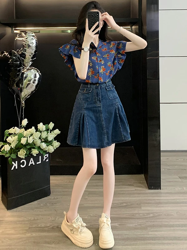 Hong Kong Style Retro Fashion Set for Women Summer 2026 Sweet Anti-Aging Short Sleeve Denim  Skirt Two-Piece Suit