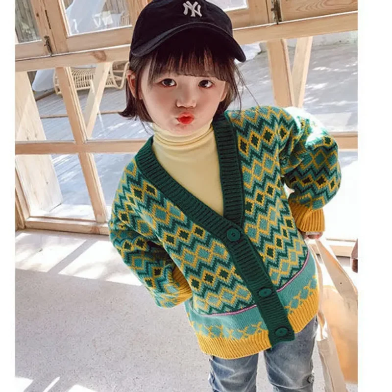 2023 Spring Autumn Girls Boys Green Sweater Children Clothing Baby Cardigan Kids Clothes Children\'s Casual Coats Knitted