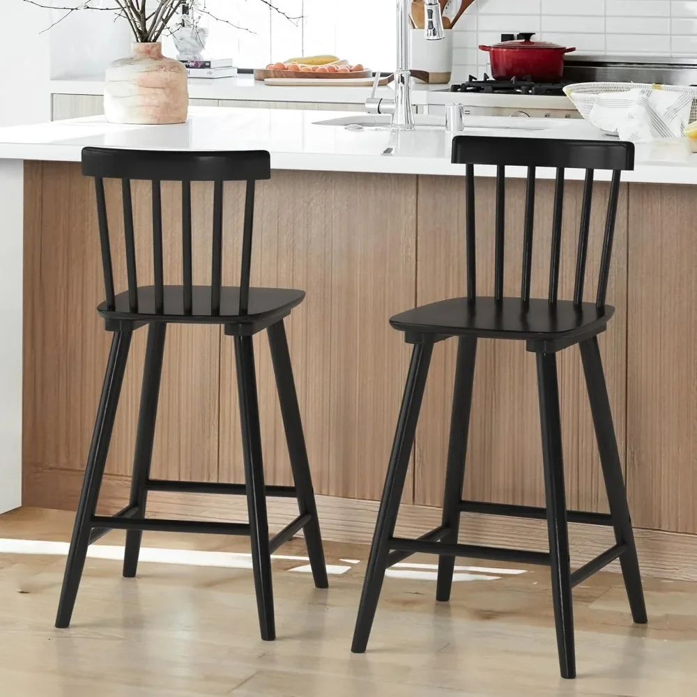 Windsor Wooden Bar Stools Set of 2 for Kitchen Island, Farmhouse 24 Inch Counter Height Stools Chairs with Spindle Back, Black