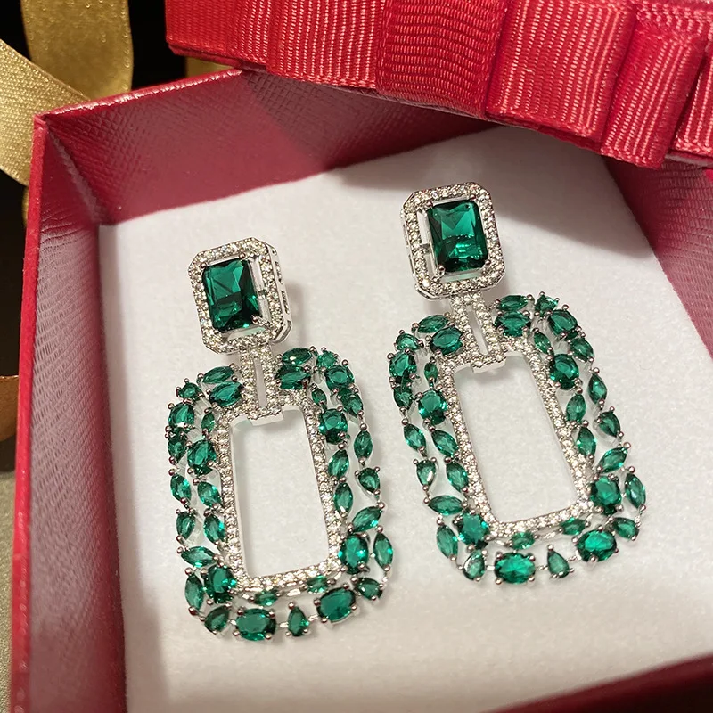 Earrings For Women Artificial Emerald Cubic Zirconia Luxury Square 925 Silver Needles Earring Vintage Fine Jewelry Accessories