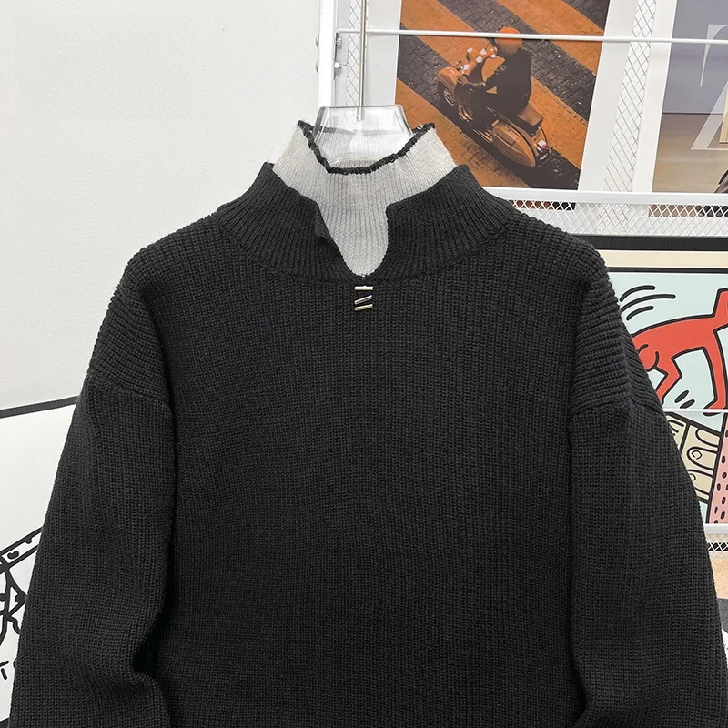 秋冬万能シンプルアーティスティック和風長袖ニットファッション原宿フェイクツーピースハーフハイカラートレンドブランド