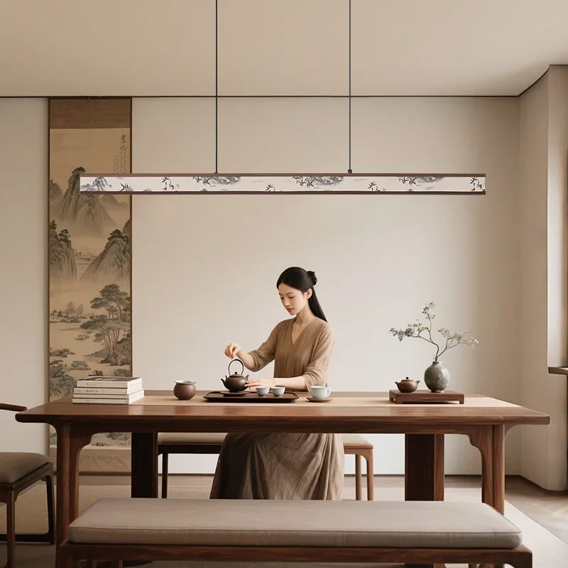New Chinese style, wavy tea room study, bar table fabric strip lamp