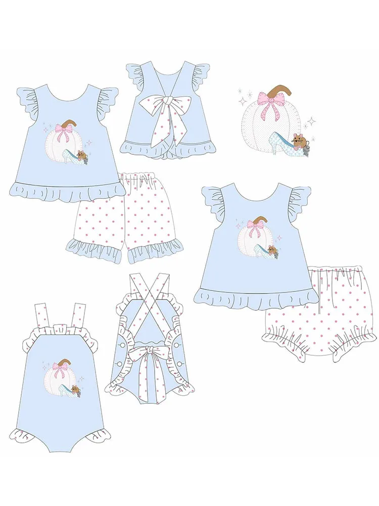Girl Blue Princess Outfit Pumpkin Print Ruffle Sleeve Top Baby Romper Pink Polka Dot Shorts Sets Toddler Casual Clothes view 3