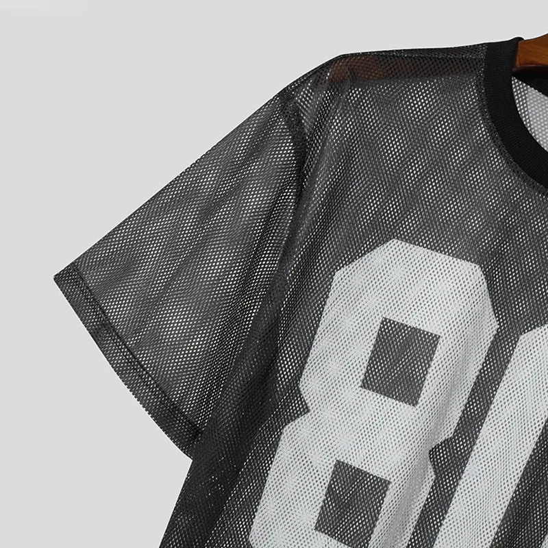 Herren 80 Nummer Bedrucktes Mesh T-Shirt Lässiges Kurzarm-Rundhals-Shirt Durchsichtiges Streetwear Übergroßes Fußball-Trikot-Stil Oberteil – Detail 7