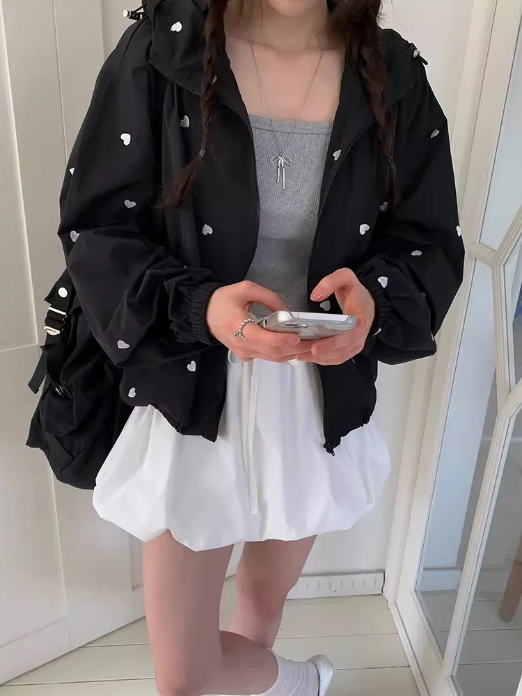 Chaqueta Cortavientos Informal Hoada con Estampado de Corazón Bordado, Estilo Juvenil y Dulce, Nueva Colección de Otoño, Pr...