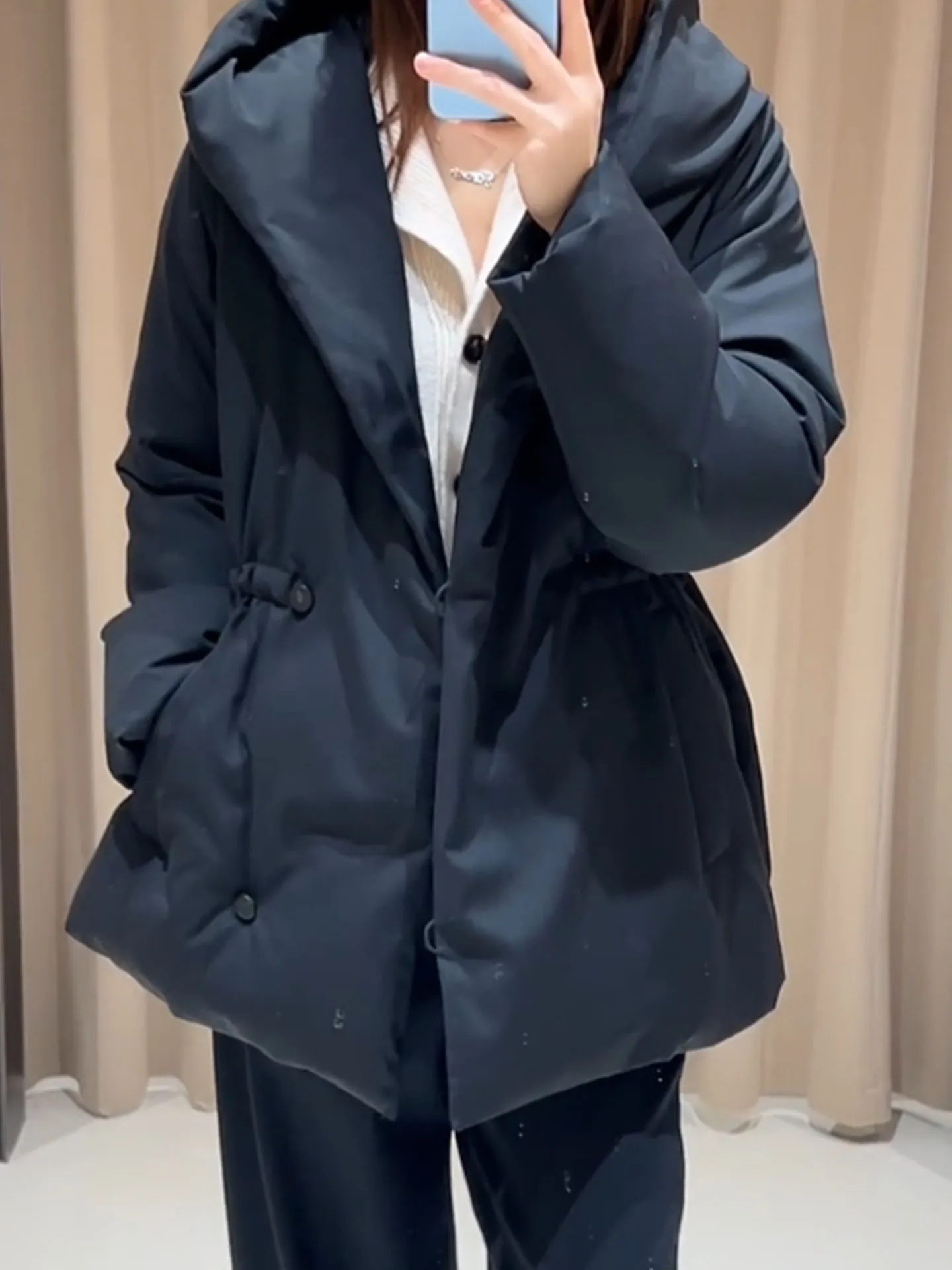 Ele Bla Daunenjaet-Taillen-Cinching-Wintermantel für Damen mit Kapuze, mittellang, Sli Thiened Oberbekleidung, Pendler-Sle