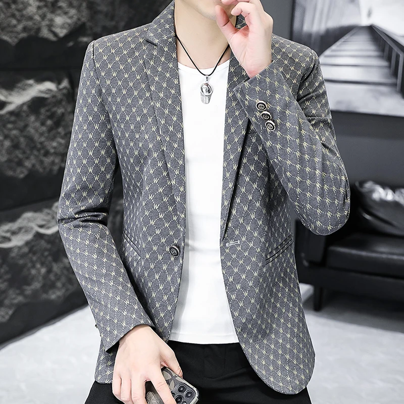 Korean Letter Print Men Blazers Brand 2024 Spring Casual Business Suit Jackets Slim Fit Street Wear Social Jacket Men Clothing