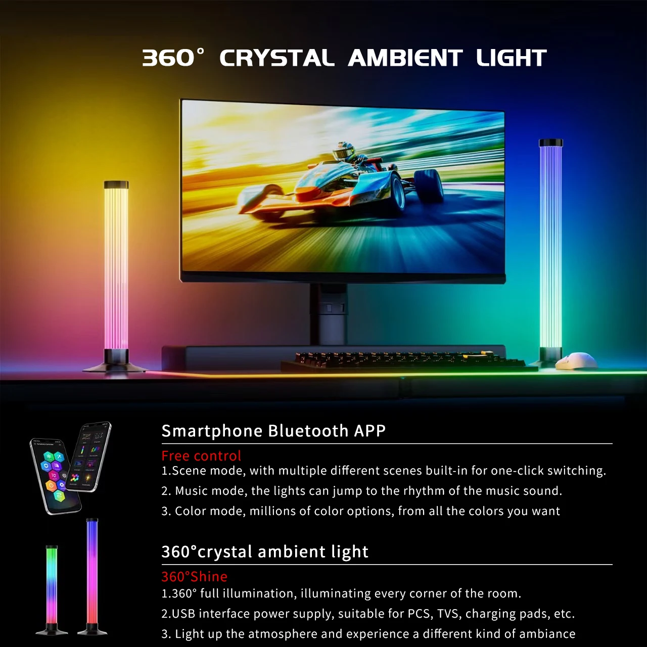 RGB 360 Degree Smart LED Light Bar USB Powered App Remote Control for Bar Gaming Room
