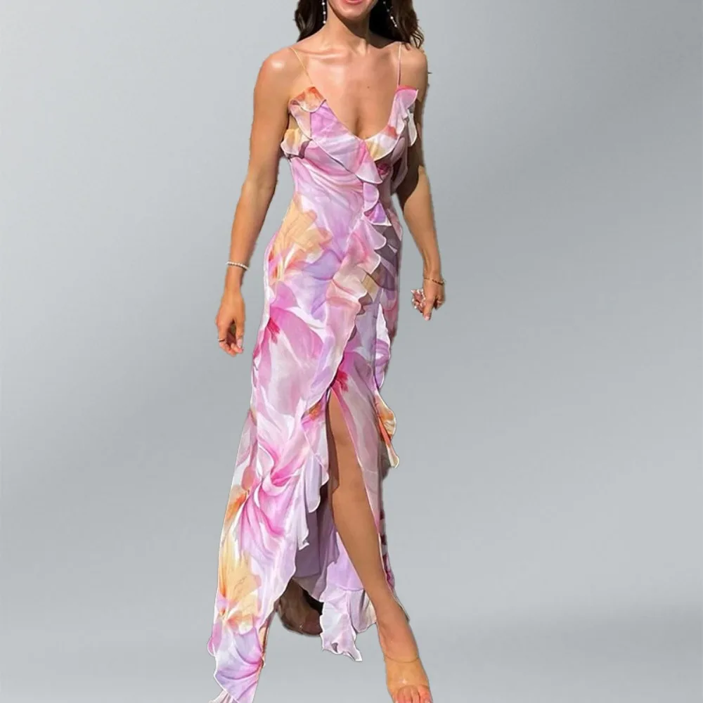 

Women's French Sleeveless Square Neck Backless Dress for Vacation, Seaside Tourism, Camisole Printing, Irregular Slit Long Dress