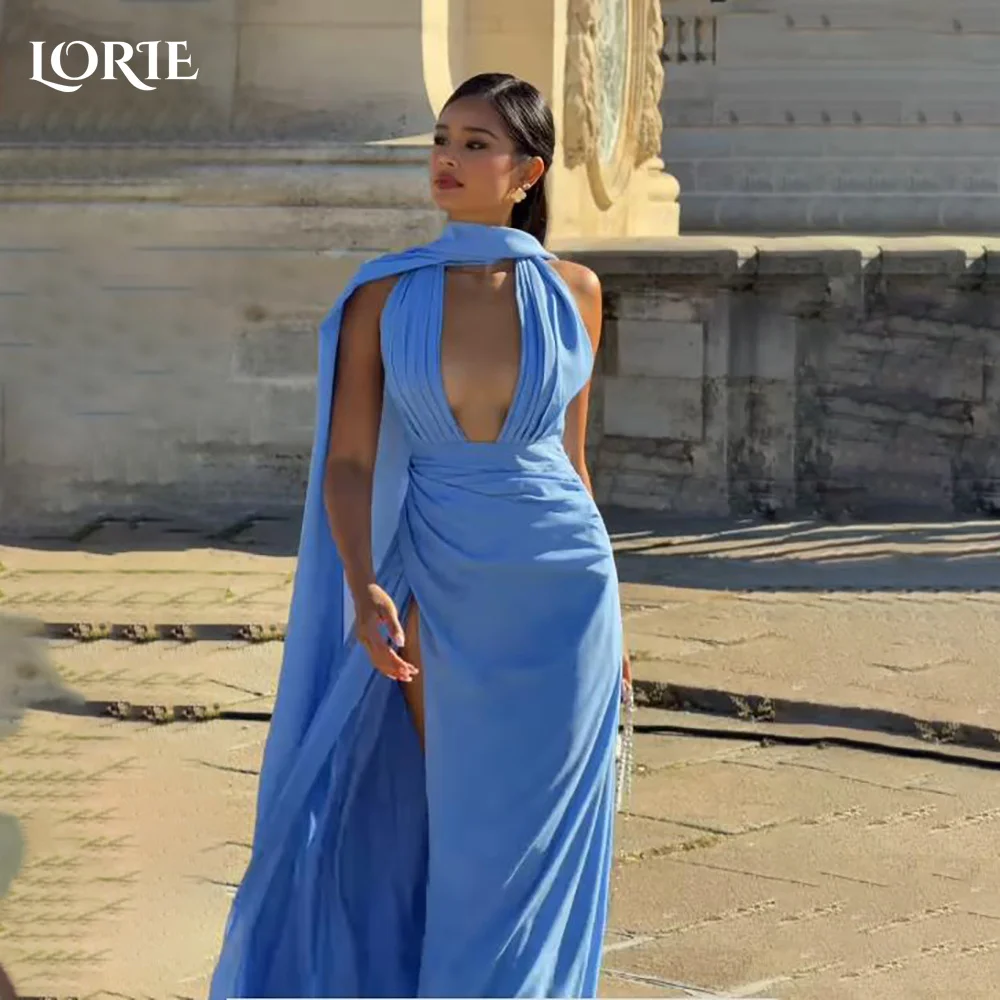 

LORIE Modest Slit Crepe Saudi Evening Dresses Sexy Halter Sweetheat Mermaid Satin Ball Arabia Prom Gown Party Dresses Customized