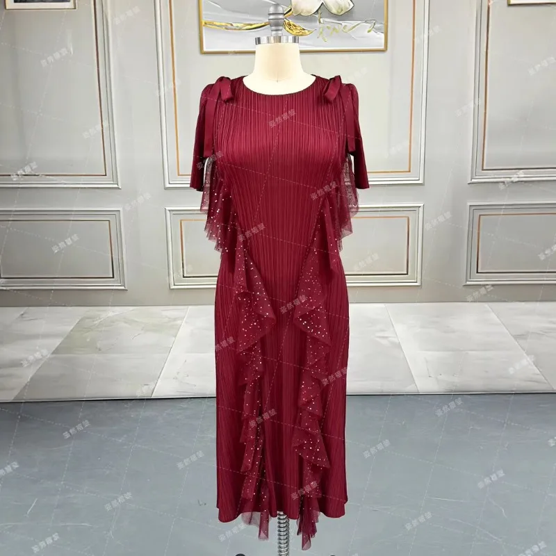 Miyake Middle East Plus Size Clothing Women Summer White Dress Pleated Long Dress Simple Loose with Stretch African Prom Women's