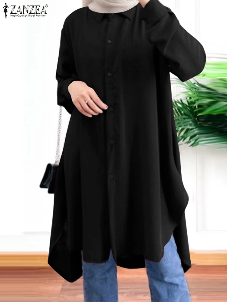 

Dubai Abaya Eid Kaftan Turkish Full Slleve Solid Long Shirt Muslim Tops For Women ZANZEA 2023 Lapel Neck Blouse Isamic Clothing