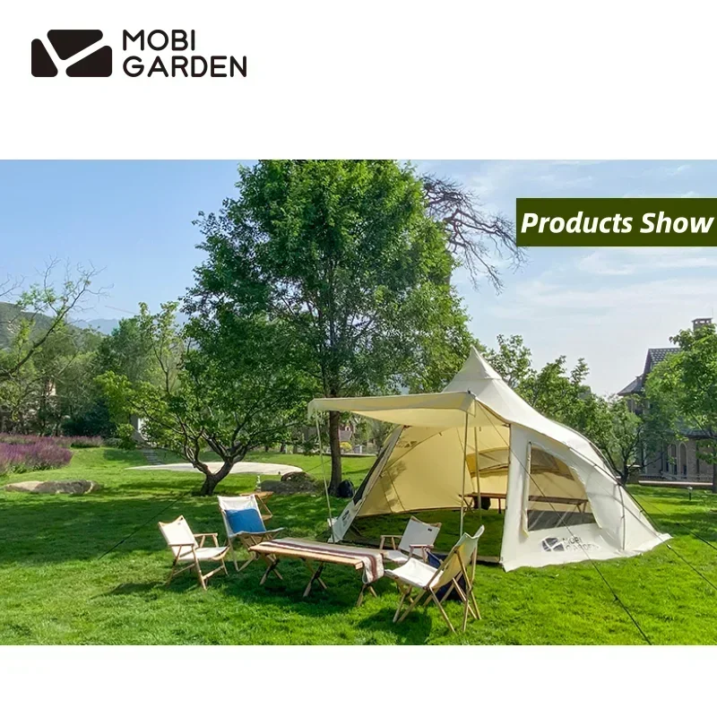 MOBI GARDEN Era290 야외 가족 피라미드 캠핑 텐트, 넓은 공간 로비 선 쉘터, 두꺼운 면 휴대용 텐트, 5-8 인용