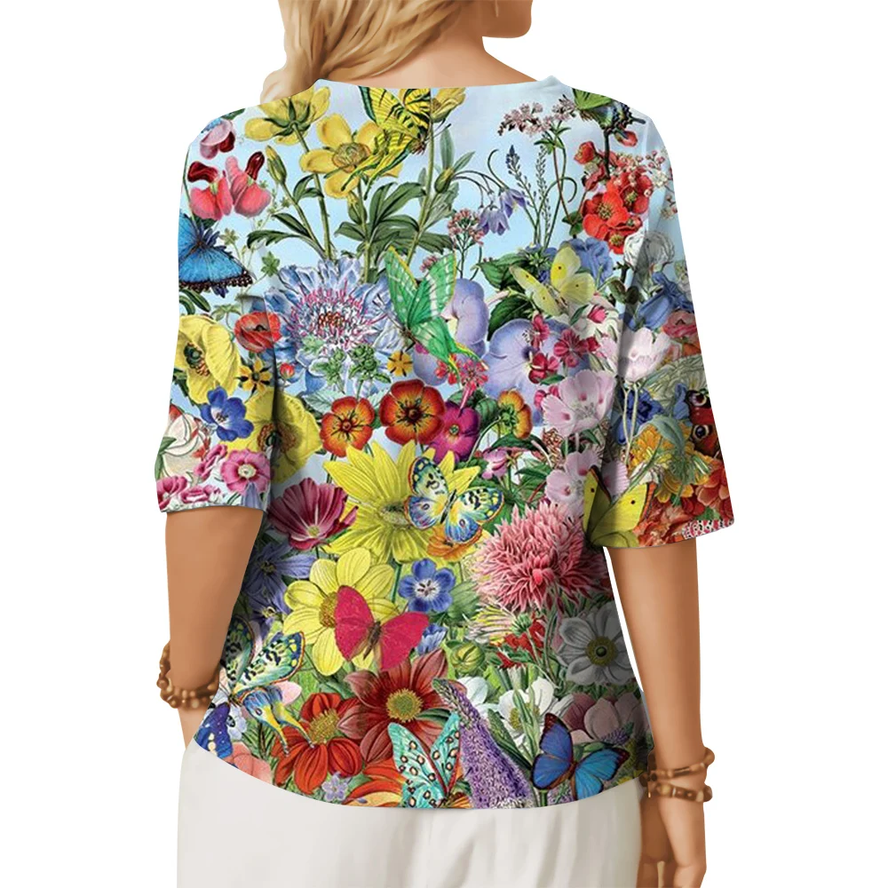 CLOOCL New Women Blouses Fantasy Garden 3D Printed Floral Shirt Middle Sleeves Tee with Button Ladies Cozy Tops Elegant Style