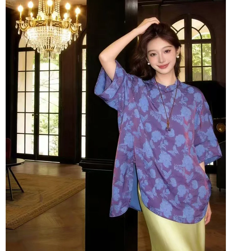 

Spring and Summer New Small Stand Collar + Handmade Button Rayon Brocade Fabric Loose and Fashionable Women's Shirt S-XL