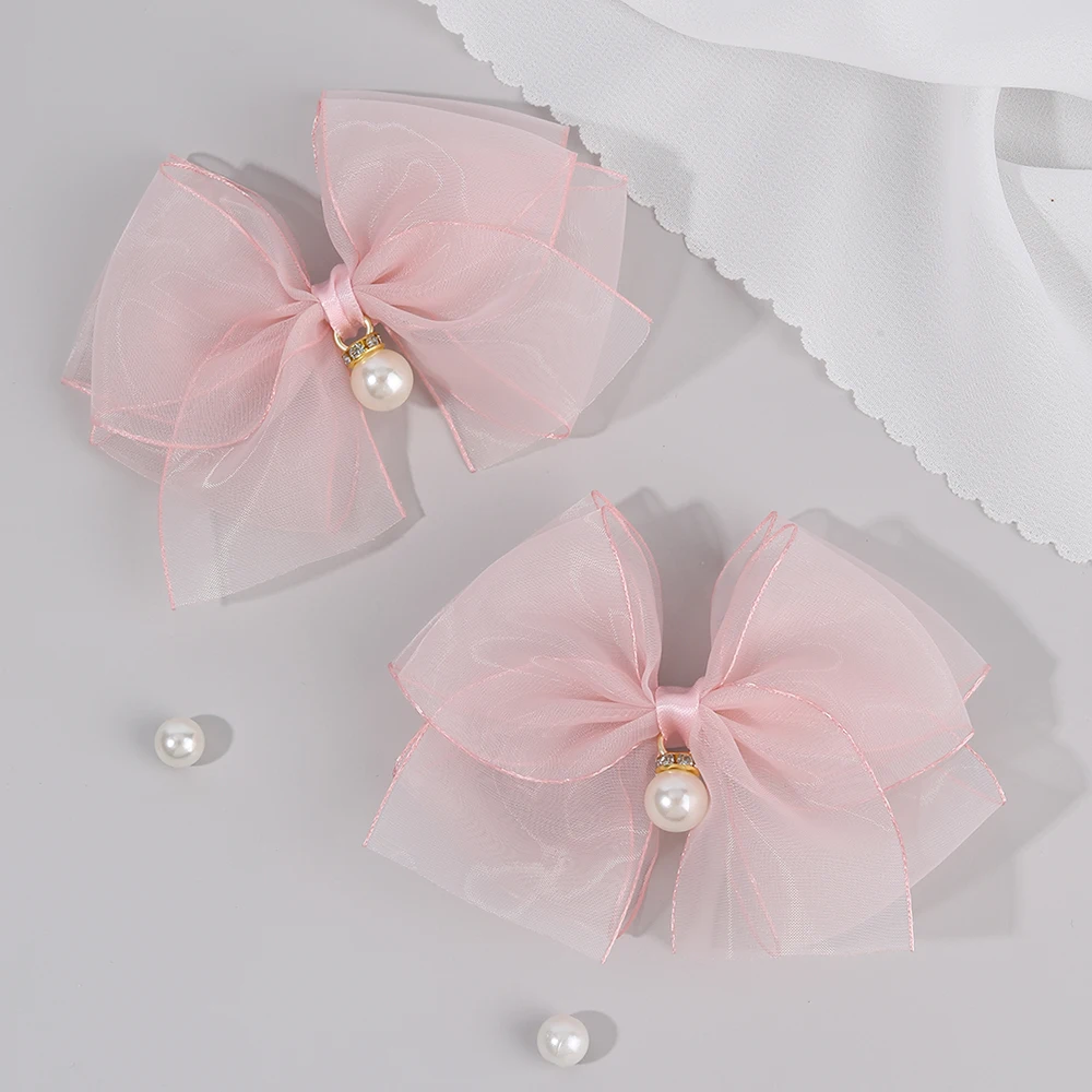 2 قطعة مقاطع الشعر القوس متعدد الطبقات للفتيات الشيفون دبابيس الشعر الصلبة لطيف اللؤلؤ قلادة باريت الاطفال أغطية الرأس إكسسوارات الشعر #2