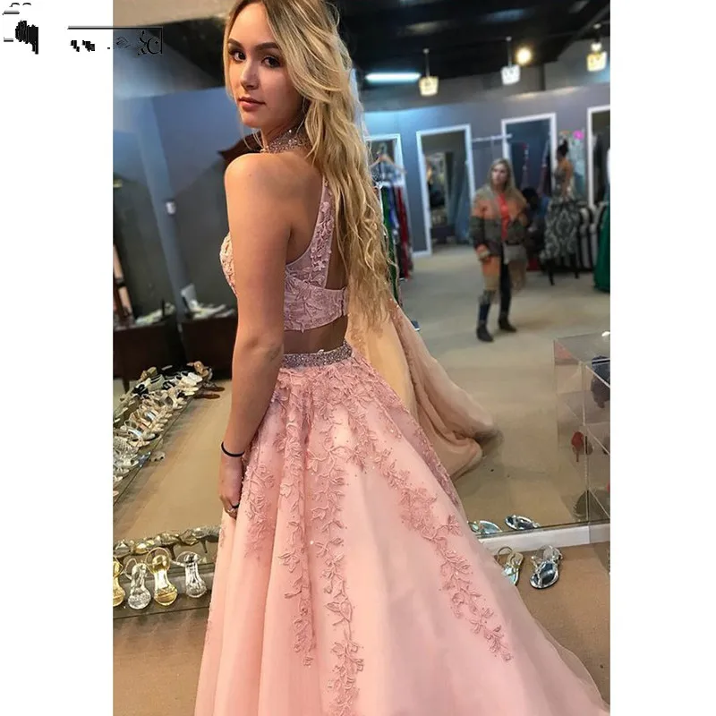 A Line Lace Pink Two Piece Prom Dresses Long Halter Neck Beaded Tulle Open Back Prom Gown Evening Dress 2023 robe de soiree