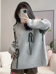 Zoki Bow Lace Up Sweet Sweaters Women Vintage Silver Gray Knitted Pullovers Streetwear Retro Lazy Wind Korean Long Sleeve Jumper